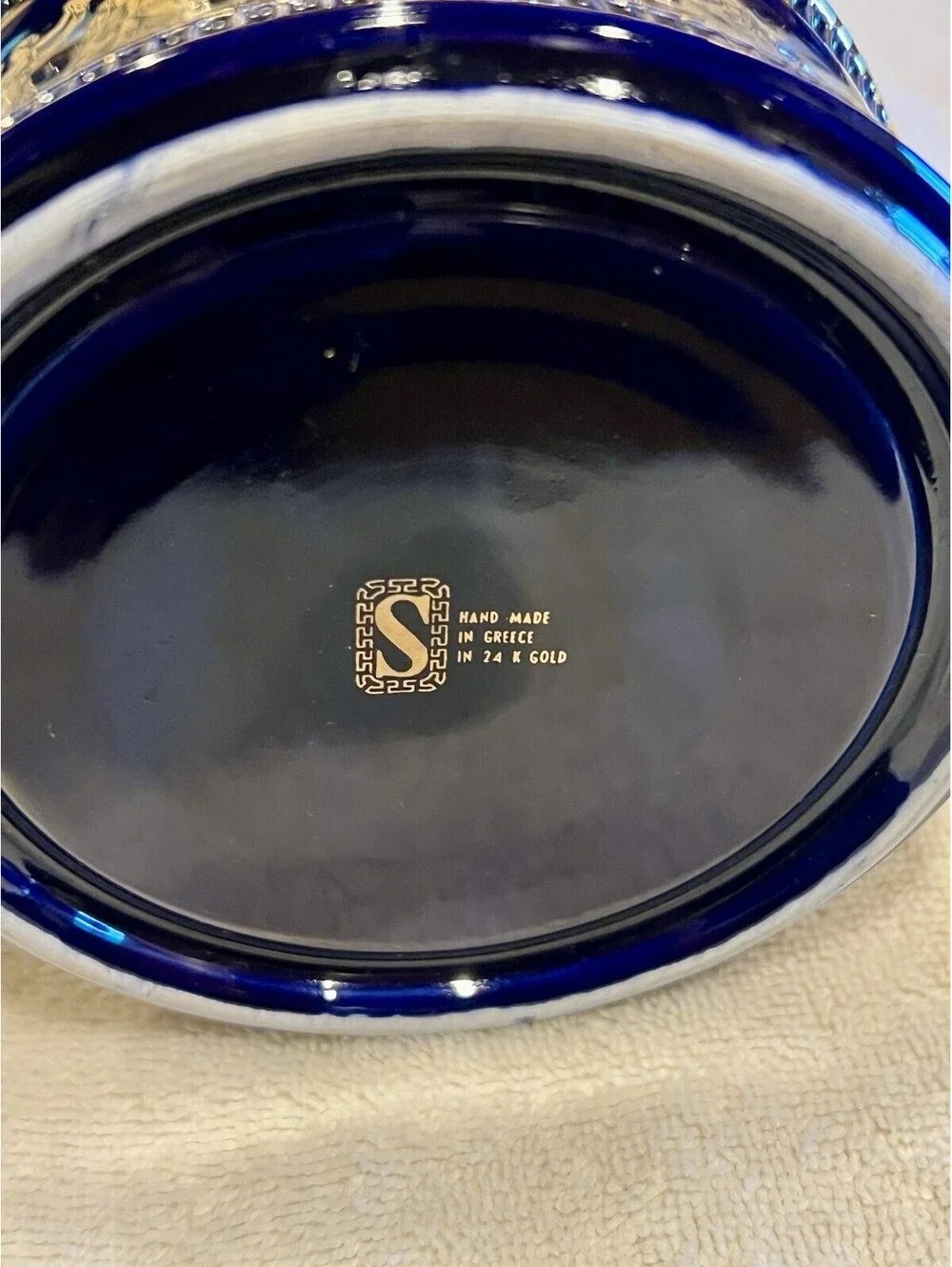 3 Pcs Set SPYROPULOS Greek D. Cup & Saucer, Vase Ashtray, 24k Trim, Cobalt B